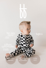 Load image into Gallery viewer, Bamboo Zip Pajamas | Black & White Wavy Checkerboard
