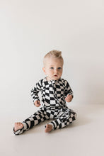 Load image into Gallery viewer, Bamboo Zip Pajamas | Black & White Wavy Checkerboard