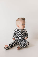 Load image into Gallery viewer, Bamboo Zip Pajamas | Black & White Wavy Checkerboard