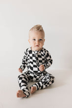 Load image into Gallery viewer, Bamboo Zip Pajamas | Black & White Wavy Checkerboard