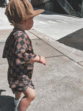 Load image into Gallery viewer, Ribbed Bamboo Track Short Set - Black x Brown Check