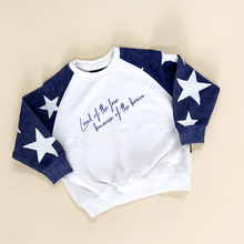 Load image into Gallery viewer, Land of the Free Script Child Waffle Sleeve Crewneck - Navy / White