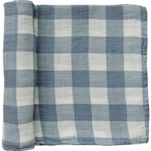 Load image into Gallery viewer, Dusty Blue Gingham Muslin Swaddle Blanket
