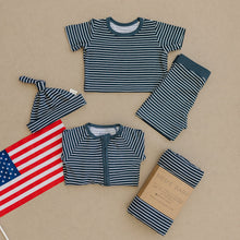 Load image into Gallery viewer, Navy Stripes Ribbed Bamboo Newborn Knot Hat