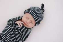 Load image into Gallery viewer, Navy Stripes Ribbed Bamboo Newborn Knot Hat