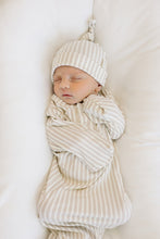 Load image into Gallery viewer, Taupe Stripe Ribbed Bamboo Newborn Knot Hat