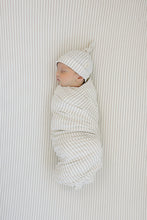 Load image into Gallery viewer, Taupe Stripe Ribbed Bamboo Newborn Knot Hat
