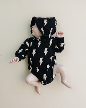 Load image into Gallery viewer, Hooded Bubble Romper  |  Black Bolts
