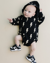 Load image into Gallery viewer, Hooded Bubble Romper  |  Black Bolts
