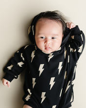 Load image into Gallery viewer, Hooded Bubble Romper  |  Black Bolts
