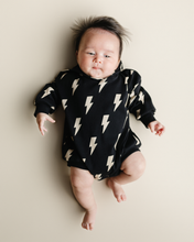 Load image into Gallery viewer, Hooded Bubble Romper  |  Black Bolts
