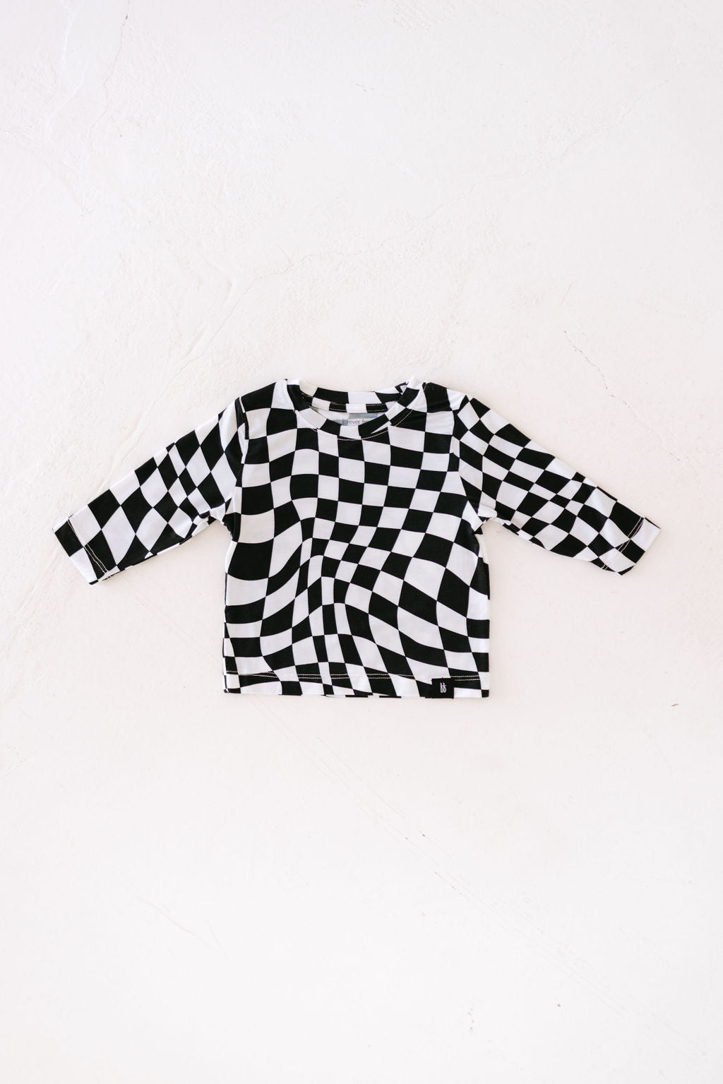 Long Sleeve Bamboo T-Shirt | Black & White Wavy Checkerboard