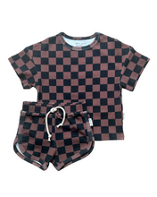 Load image into Gallery viewer, Ribbed Bamboo Track Short Set - Black x Brown Check
