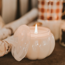 Load image into Gallery viewer, Warm and Cozy Soy Candle - White Translucent Glass Pumpkin Jar - 20 oz
