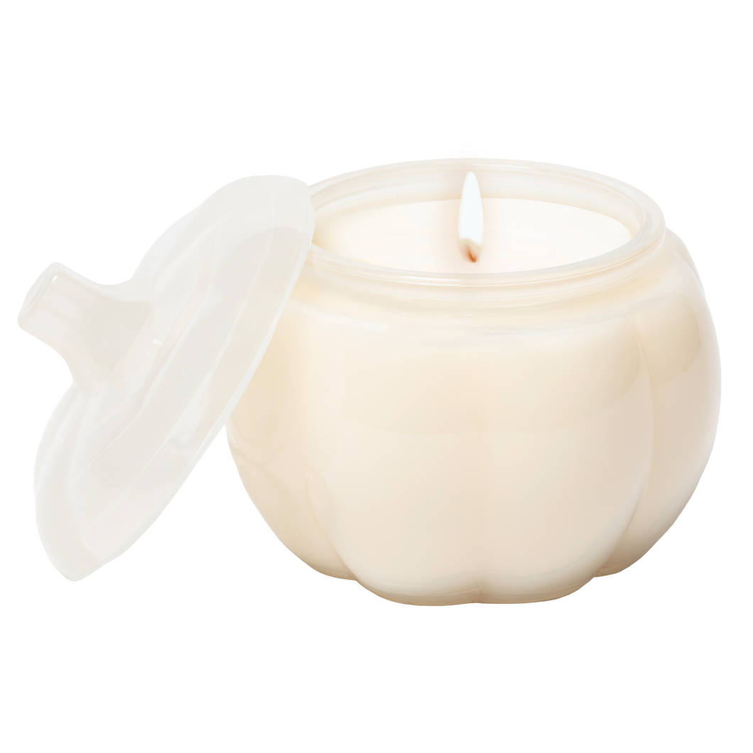 Warm and Cozy Soy Candle - White Translucent Glass Pumpkin Jar - 20 oz