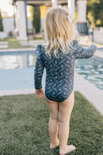 Load image into Gallery viewer, Navy Berry Long Sleeve Ruffle Zipper One-Piece
