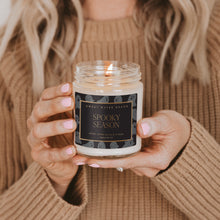 Load image into Gallery viewer, Spooky Season Soy Candle - Patterned 9 oz - Clear Jar (Cozy Season)
