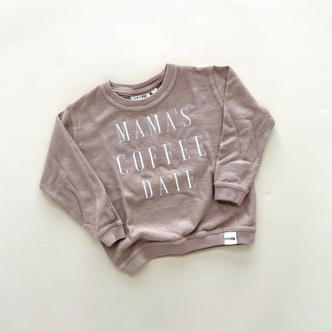 Mama's Coffee Date Embroidered Corded Crewneck -  Latte