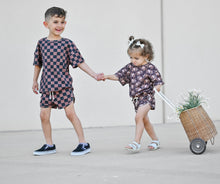 Load image into Gallery viewer, Ribbed Bamboo Track Short Set - Black x Brown Check
