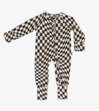 Load image into Gallery viewer, B&amp;W Wavy Checker | Bamboo Zip Romper
