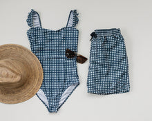 Load image into Gallery viewer, Navy Gingham Adult Men&#39;s Swim Shorts
