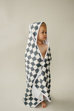 Load image into Gallery viewer, Charcoal Checkered Muslin Hooded Towel
