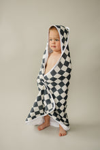 Load image into Gallery viewer, Charcoal Checkered Muslin Hooded Towel
