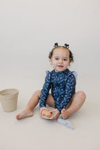 Load image into Gallery viewer, Navy Berry Long Sleeve Ruffle Zipper One-Piece
