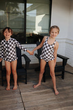 Load image into Gallery viewer, Black Checkerboard | Girl Long Sleeve Swimsuit
