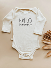 Load image into Gallery viewer, Hello Im New Here - Long Sleeve Organic Baby Bodysuit
